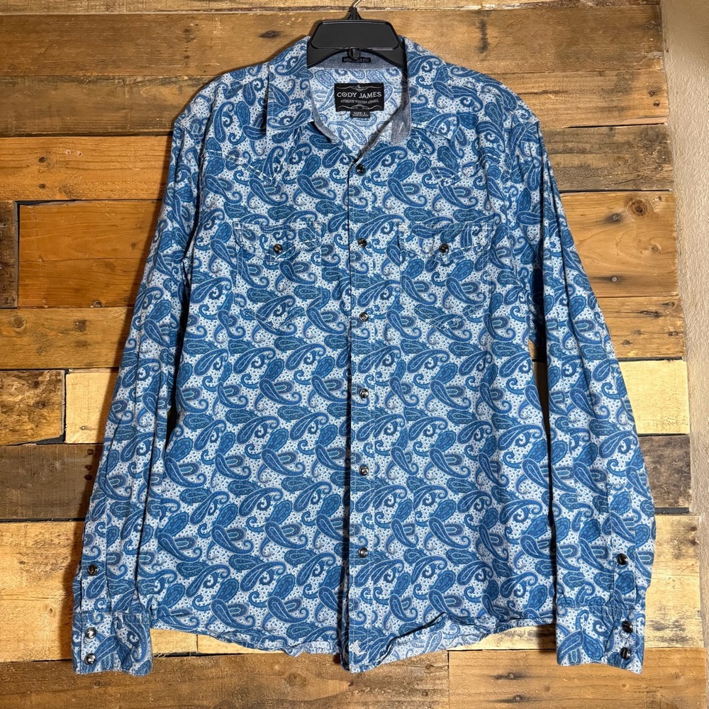 Cody James Western Long Sleeve Pearl Snap Shirt‎ Mens Large Blue Paisley